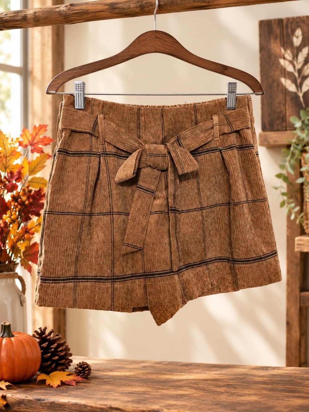 Women's Brown Corduroy Paperbag Shorts with Tie Belt